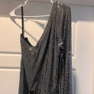 Pam & Gela Mirror Ball One Shoulder Black Silver Sequin Jumpsuit
